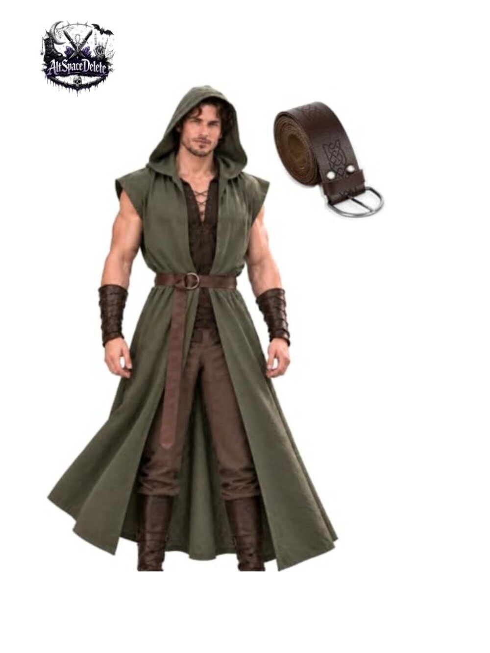 Men's Renaissance Hooded Cloak Set Medieval Costume Polyester Faux Leather Belt